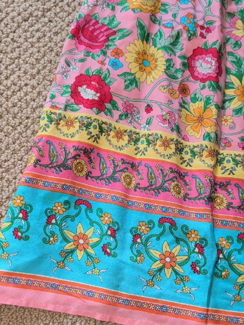 Colorful Floral Boho Maxi Dress With Smocking V Neck And Tie L - Picture 9 of 9